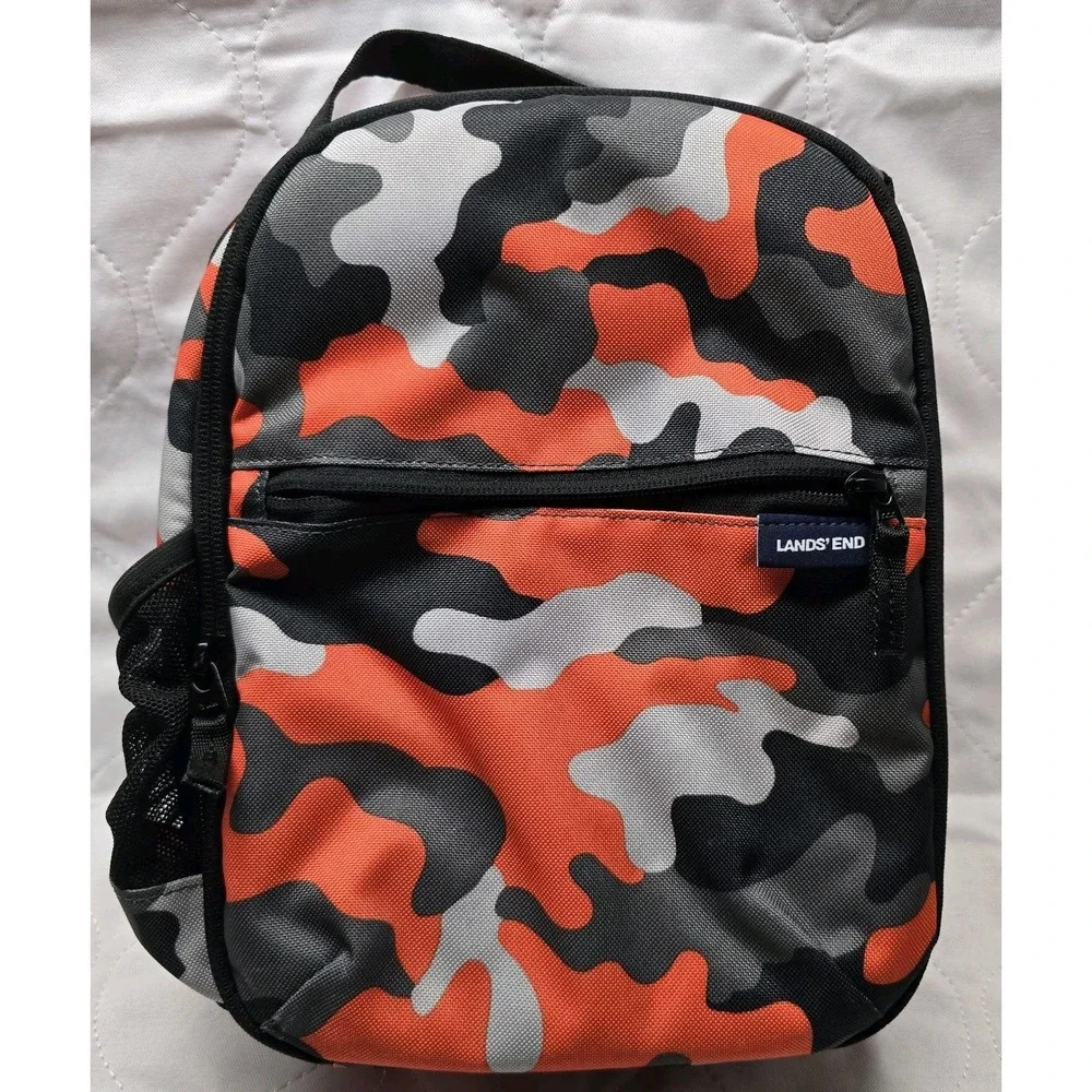 Lands' End Orange Gray Black Camo Lunch Box Zip‎ Around Bag